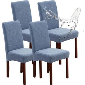 Genina Waterproof Chair Covers for Dining Room, Stretch Jacquard Dining Chair Slipcovers Removable Washable Chair Protector for Kitchen, Hotel, Restaurant (Leaves-Light Blue, 4 PCS)