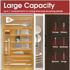TAELXIID Silverware Drawer Organizer, Expandable Utensil Tray for Kitchen, BPA Free Flatware and Cutlery Holder, Adjustable Plastic Storage for Spoons Forks Knives, Large, Gold