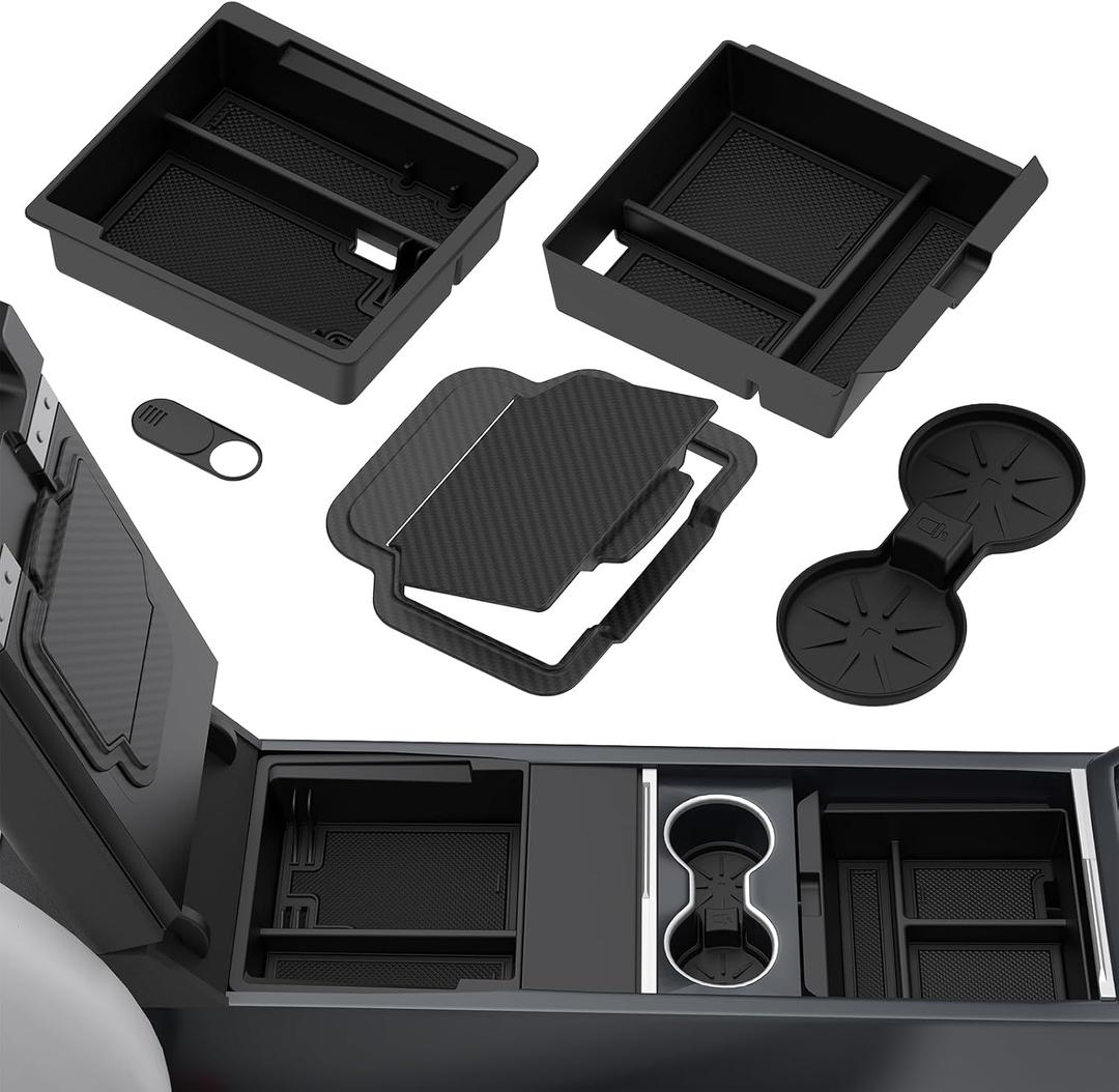 5PCS Upgraded Center Console Organizer Tray for 2026 Tesla Model Y Juniper Accessories 2025 / For Tesla Model 3 Accessories 2025 Highland, Hidden Storage Box, Cup Holder, [Shockproof, No-Noise], Black