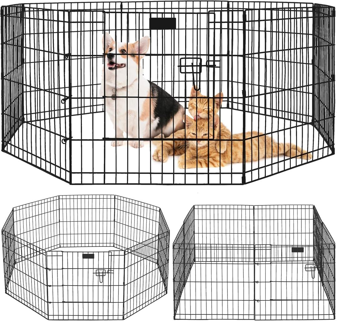 Premium Dog playpen - Foldable Metal Pet Playpen with 8 24x24In Panels, Dog Exercise Pen with Door, Dog Play Pen Indoor/Outdoor, Puppy Playpen LWH - 61x61x24 Inches, X pens for Dogs, Black