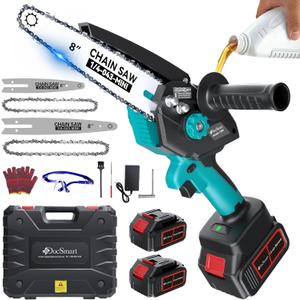 Mini Chainsaw Electric Cordless: 8 inch & 6 inch Brushless Chain Saw with 2x4000mAh Batteries, Battery Powered Hand Held Saw for Trees Trimming Wood Cutting, Ideal Gift for Men Dad Husband (Blue Cs08-b4)