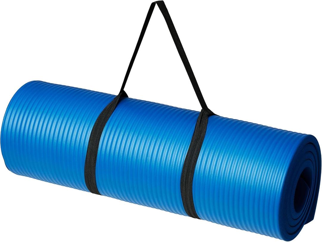 Amazon Basics 1/2 Inch Extra Thick Exercise Yoga Mat with Carrying Strap for Home Workouts and Fitness, Non-Slip, Cushioned Support, 74" x 24" x 0.5", Blue