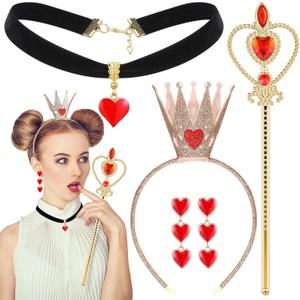 Liliful 4 Pcs Valentine Heart of The Woman Queen Costume Accessories Heart Party Accessories Crown Headband Scepter Wand
