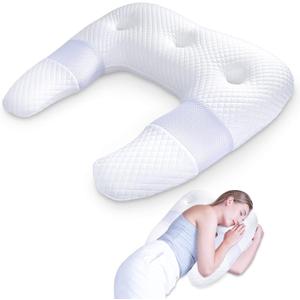 SAHEYER Side Sleeper Pillows for Adults, U Shaped Body Pillow for Pain Relief, Orthopedic Memory Foam Shoulder Pillow for Side,Stomach, Back, Arm with Removable Washable Cover (Upgraded Version),White (25.59x 23.93x4.72/2.36 inch)