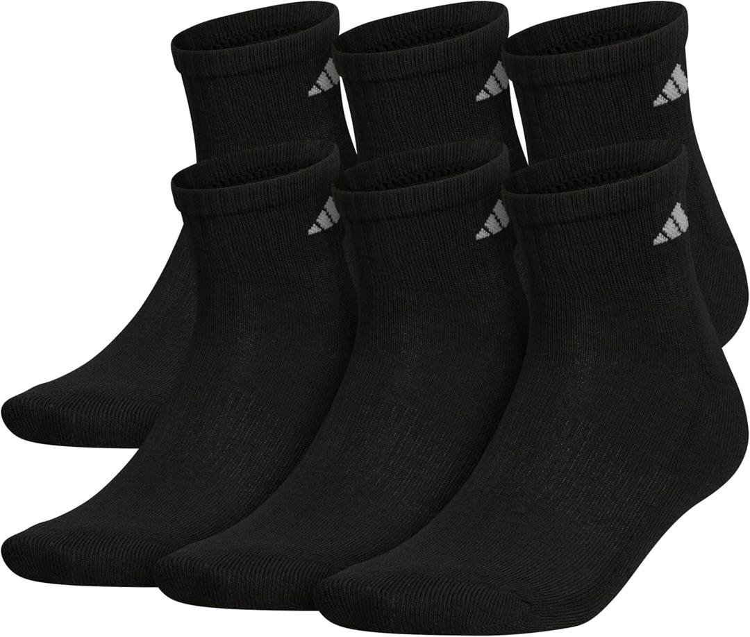 adidas Men's Socks, Athletic Cushioned Quarter 6-Pack, Ankle Fit with Arch Support (Black/Aluminum 2)