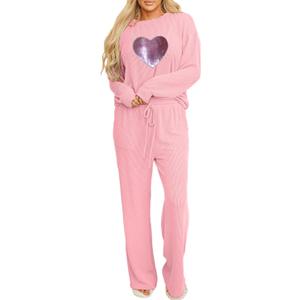 Deer Lady 2 Piece Sets for Women Fall Ribbed Long Sleeve Top and Pants Set Pocket Pajama Lounge Sets Travel Outfit Loungewear (Medium, 02-valentine Heart Pink)