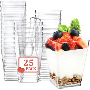 Eupako 25 Pack 5 OZ Plastic Mini Dessert Cups with Spoons - Clear Small Parfait Cups, Square Appetizer Cups for Fruit, Pudding, Mousse, Ice Cream, Party, Wedding, Valentine's Day