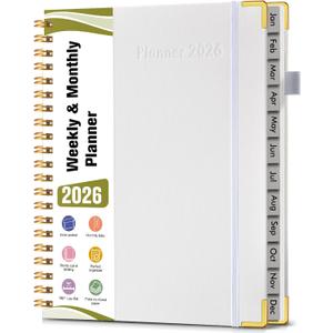 2026 Planner, Hardcover Leather Weekly and Monthly Planner, January 2026 - December 2026, Spiral Yearly Agenda Organizer Book 2026 with Tabs, Daily Calendar Planners for School Work Home, A4 (8.5" x 11"), White