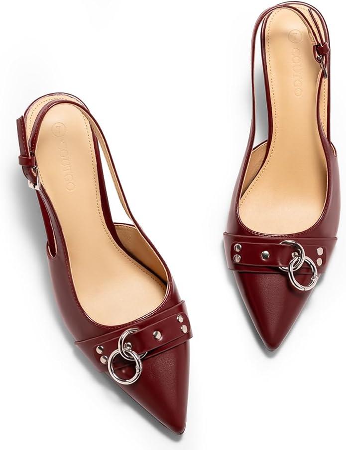 Coutgo Womens Slingback Stiletto High Heels Closed Pointed Toe Pumps with Metal Ring Party Dress Shoes, Burgundy, Size 7.5