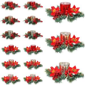 Ceenna Set of 24 Christmas Candle Rings Wreaths Norfolk Pine Garland Red Berry Poinsettia and Artificial Berries Pine Garland Candle Ring Holder for Christmas Wedding Home Table Centerpiece Party