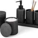 ZCCZ Black Bathroom Accessories Set 6 Pcs- Toothbrush Holder, Lotion Dispenser, 2 Qtip Container, Vanity Tray, Tumbler for Countertop Organizer - Modern Bathroom Decor and Storage Solution