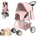 Pet Stroller for Small Dogs and CatsQuick-Folding Portable Travel Cat Dog Stroller with Storage Basket and Cup Holder, 4 Wheels, Light Pink