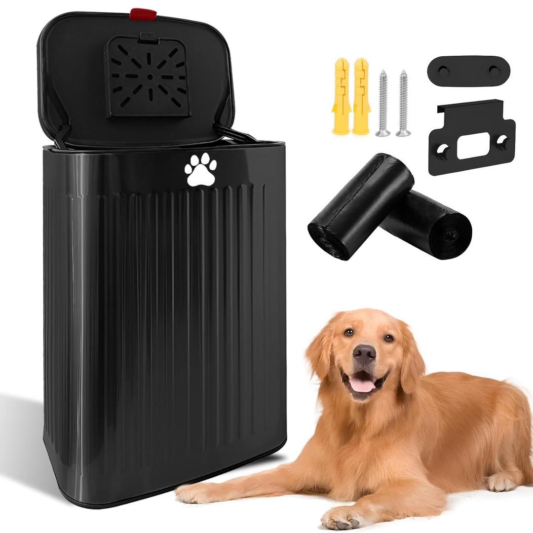 Dog Waste Trash Can Wall Mounted, 2.1Gal Small Outdoor Trash Can with Lid, Hanging on Fence, Dog Poop Bucket with 40 Bags, Inner Waste Bin, Black