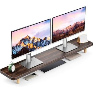 Dual Monitor Stand Riser, 39 Inch Extra Long Wooden Desktop Monitor Riser with Storage for 2 Monitors Ultra Strong Desk Shelf Organizer Riser Ergonomic for 2 Screens/Laptop/PC/TV/Printer (Dark Walnut, 39inches)