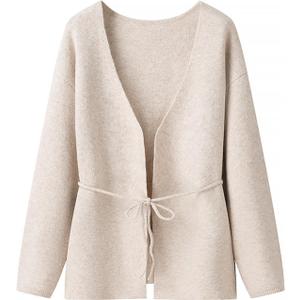 Women's Classic Coatigan Belted Wrap Cardigan Coat Oversized V-Neck Long Knit Sweater Jacket with Tie Belt (Large, Oatmeal)