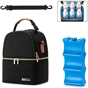 BABEYER Breastmilk Cooler Bag with Ice Pack Fits 6 Baby Bottles up to 9 Ounce, Breast Milk Pump Cooler Bag with Shoulder Strap for Nursing Mom Daycare, Work, Travel- Black