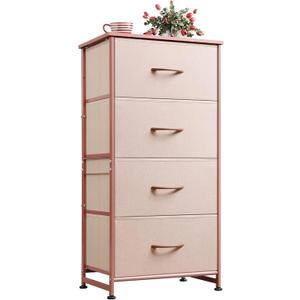 WLIVE 4 Drawers Dresser for Bedroom, Pink Rose Gold Fabric Clothes Storage Organizer Unit, Dresser for Hallway, Entryway, Closets, Sturdy Steel Frame, Wood Top