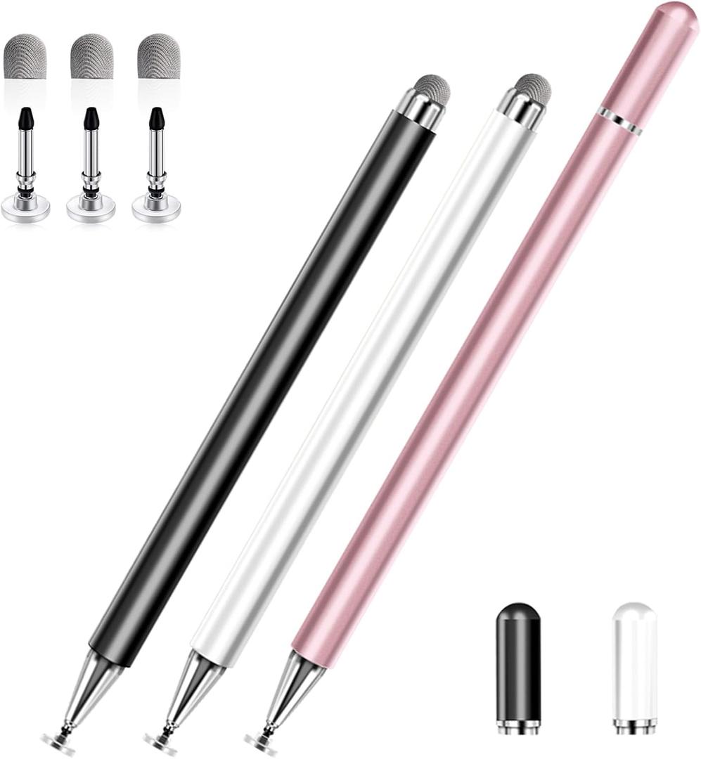 Stylus Pens for Touch Screens, 2 in 1 High Precision Universal Stylus Pen for iPad Compatible with Apple, iPhone, iPad, Android, Samsung Tablets, Phones, 3 Pack-Black,Gold,White (Black, Rose Gold, White)