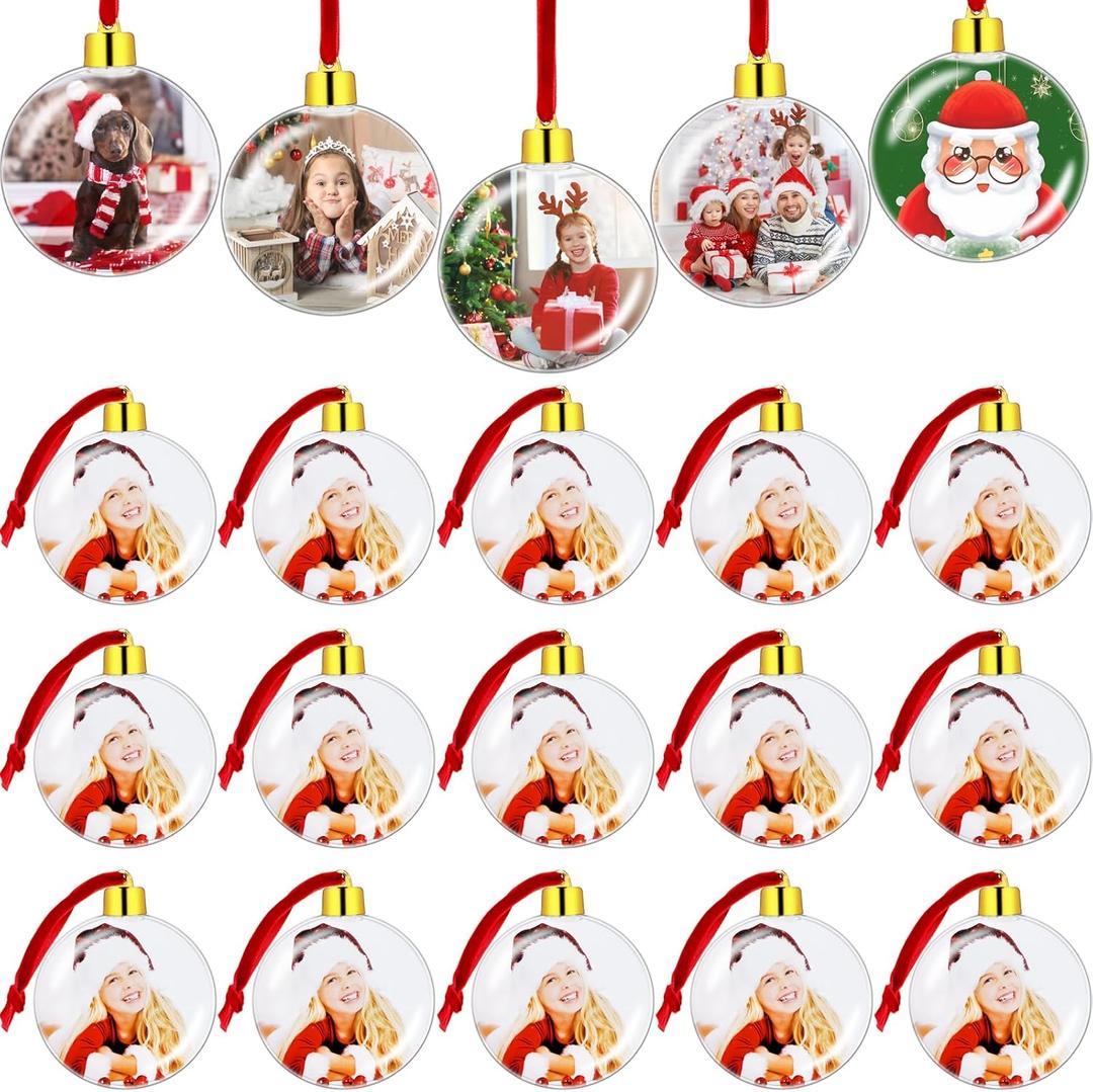 20 PCS Christmas Photo Ornament Ball, Clear Plastic Photo Frame Hanging Ornaments, DIY Personalized Picture Frame Baubles for Christmas Tree Valentine Holiday Decor