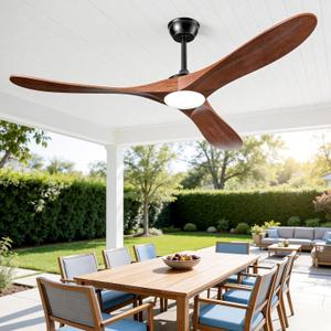 60 Inch Ceiling Fans with Lights and Remote, Solid Walnut Wood 3 Blade Modern Ceiling Fan, Quiet DC Motor, 6 Speeds, Timer, Dimmable LED, Indoor & Covered Outdoor Living Room, Bedroom, Patio (Walnut)