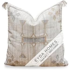 Eyda Homes Embroidered Pillow Cover 20x20 Inch, 100% Cotton Pillow Cases, Soft & Cozy Boho Decorative Throw Pillow Covers with Sturdy Zipper for Sofa, Couch, Bedroom, Farmhouse, Premium Cusion Cover