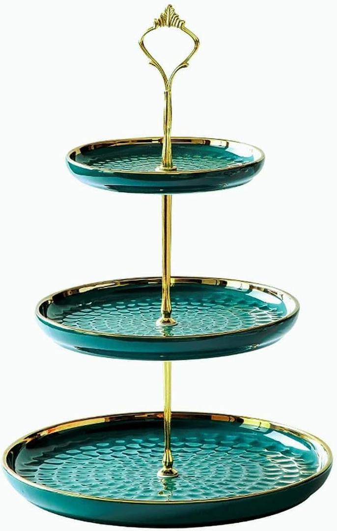 3 Tier Round Porcelain Tiered Cupcake Stand, Tiered Serving Stand, Dessert Stand, Serving Tray Platter for Tea Party, Wedding and Birthday (Green)