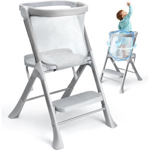 Toddler Tower with Safety Net, 2-Steps Step Stool Standing Tower with Anti-Drop Safty Railing for Kitchen Counter Bathroom Sink Learning, Kitchen Helper for Kids Ages 3 to 6 Years