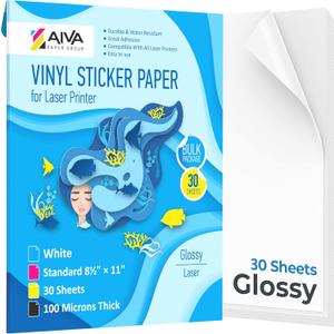 Printable Vinyl Sticker Paper for Laser Printer - Glossy White - 30 Self-Adhesive Sheets - Waterproof Decal Paper - Standard Letter Size 8.5"x11"