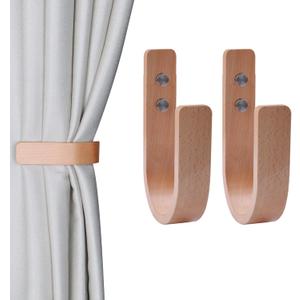 2 Pieces Curtain Tiebacks Wood Curtain Holdbacks U Shaped Curtain Hooks Curtain Tie Backs Wall Mount Curtain Holder Curtain Pull Backs Tie Backs for Curtains (Wood, 2)