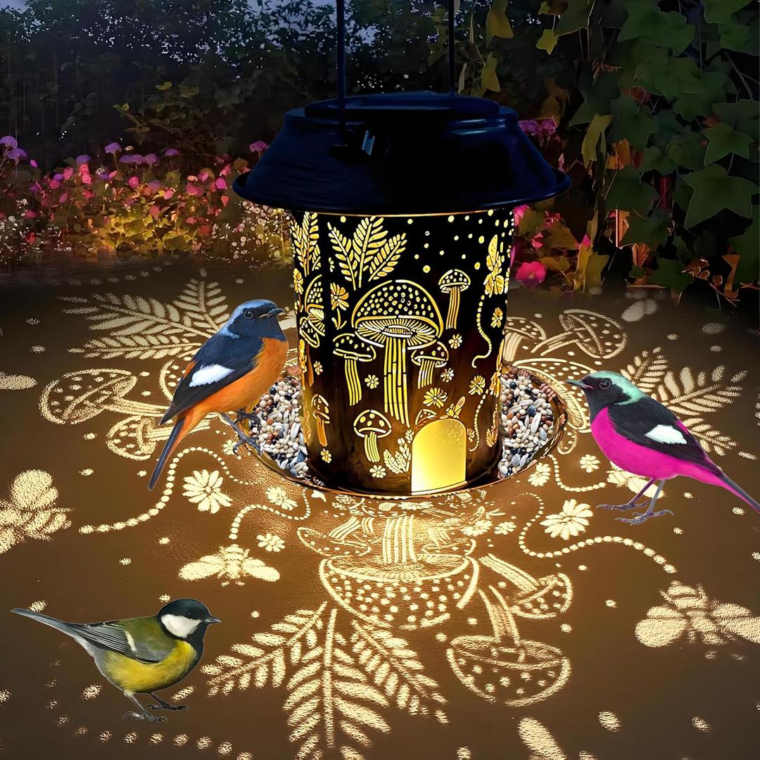 Solar Bird Feeder,Metal Wild Bird Feeders for Outdoor Hanging, Waterproof Outside Large birdfeeders for Cardinals,Mushroom Shaped Solar Garden Decor Lantern as Gift for Bird Lovers