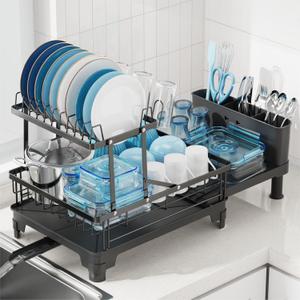 GSlife 2 Tier Dish Drying Rack with Drainboard, Expandable Large Dish Drainer for Kitchen Counter, Rust Resistant Dish Drainer with Cup Holder & Utensil Holder, 12.6" W x 18.7"-25.2" L, Black