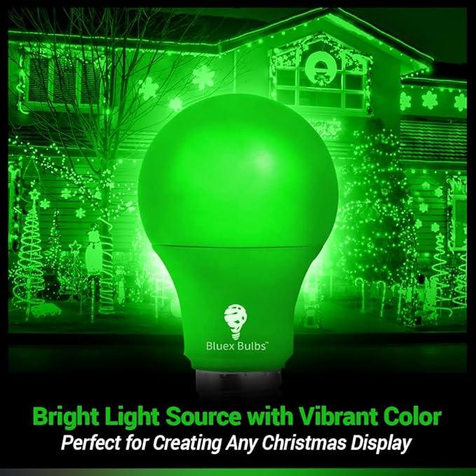 Bluex Bulbs 2 Pack BlueX LED A19 Green Light Bulb - 9W (60Watt Equivalent) - E26 Base LED Lights, Party Decoration, Porch, Home Lighting, Holiday Lighting, Decorative Illumination Bulb