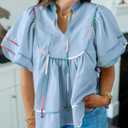 Cicy Bell Womens Summer Babydoll Tops V Neck Short Lantern Sleeve Shirts Cute Loose Fit Peplum Flowy Blouses (Blue, L)