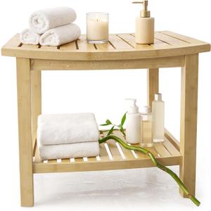 Bamboo Stool Natural Wood Finish, Eco-Friendly Small Bench for Bathroom, Bedroom, Entryway, or Spa Durable, Lightweight & Stylish Seating or Step Stool