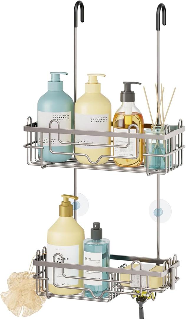 Consumest Over the Door Shower Caddy - 2-Tier Hanging Shower Organizer with Soap Holder, Rustproof Bathroom Storage and Organizer Rack for Shampoo, Towels, and Toiletries, Sand Nickel