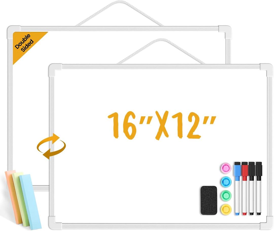 Small Dry Erase Board for Wall, 16" x 12" Double-Sided Hanging Whiteboard, Magnetic White Board with 4 Markers, 4 Magnets and 3 Mini Sticky Notes, Portable Whiteboard for Kids, School, Home, Office