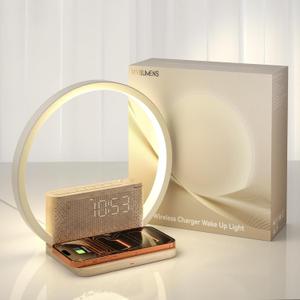 Vivilumens Sunrise Alarm Clock Wireless Charger, 10 White Noise Sound Machine Alarm Clock with 30/60/90 Mins Timer, 3 Levels Touch Night Light Dual Clocks for Heavy Sleeper Bedroom Decor Gift for Her