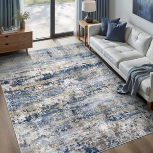 pmtsns Area Rugs 6x9 for Living Room: Washable Rug Modern Abstract Neutral Soft Non-Slip Low-Pile Indoor Carpet for Bedroom Dining Room Playroom Home Office (Blue Grey Brown, 6'x9')
