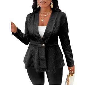 Milumia Women's Plus Size Textured Button Down Blazer V Neck Ruffle Hem Jacket (5X-Large Plus, Black)