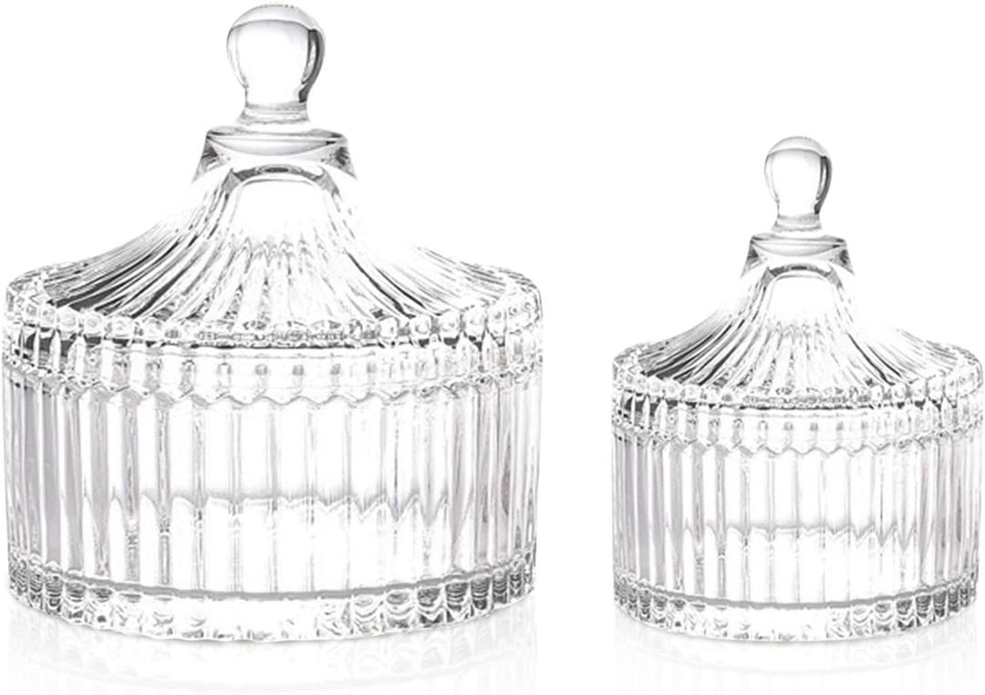 R FLORY 2 Pack Qtip Holder Apothecary Jars with Lids Glass Q Tip Holder for Bathroom Set Decorative Jars Crystal Bowl Jar Organizer for Cotton Swabs, Balls, Pads, Floss Picks (Transparent 10+24oz)