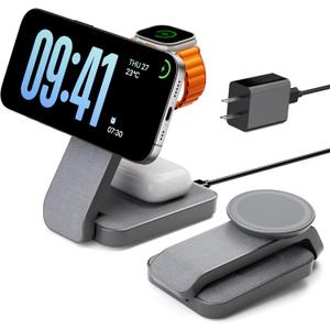 3 in 1 Foldable Wireless Charging Station for MagSafe, Nightstand Magnetic Charger Stand for iPhone 16 15 14 13 Pro Max, Travel Charging Dock with Night Light for Apple Watch/AirPods (Gray)