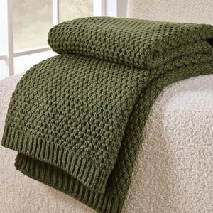 Olive Green Throw Blanket, Knit Throw Blanket for Couch, Soft Cozy Warm Reversible Lightweight Decorative Moss Stitch Cable Knitted Blankets for Bed, 60x80 Inches, Olive