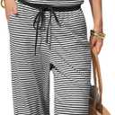 EXLURA Womens Cotton Summer 2 Piece Outfits Striped Halter Tops Matching Wide Leg Pant Sets Lounge Tracksuits Vacation Travel (S)