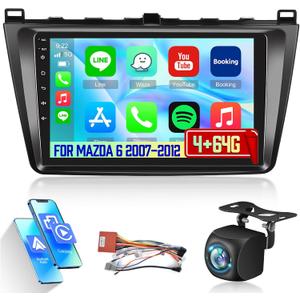 [Qualcomm 8 Core 4+64G] Car Radio for Mazda 6 2007-2012 with Wireless Carplay and Android Auto - 9 Inch 1280 * 720 IPS Touchscreen Android Car Stereo - DSP/GPS/SWC/Bluetooth + AHD Backup Camera