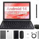 Tablet, 10 Inch Android 14 Tablets 12GB (4+8 Expand) RAM 128GB ROM, 1TB Expandable, Octa-Core Tablet with Keyboard, Mouse, Stylus, 1280 * 800 IPS, 6000mAh Battery, WiFi 6,BT 5.4, Dual Camera