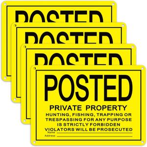 Tandefio 4 Pcs No Trespassing Signs 10x7" Private Property Reflective Aluminum Posted Metal No Hunting or Trespassing Signs for Warning Indoor Outdoor Use(Yellow)