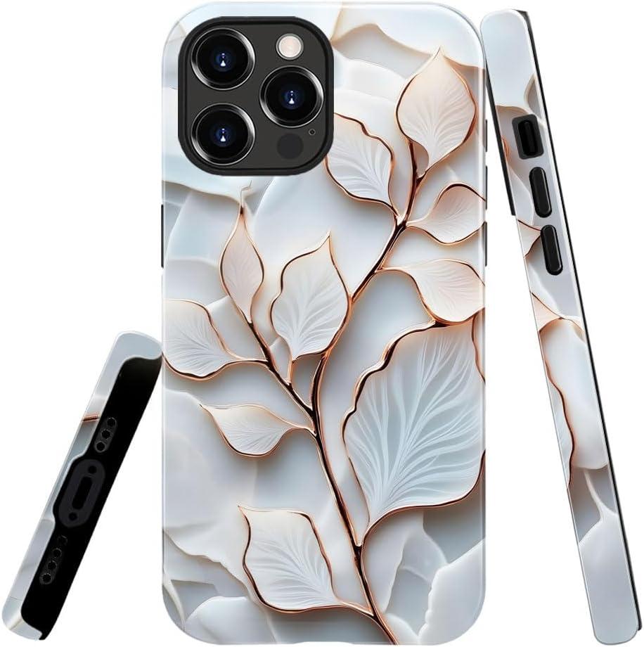 Case for iPhone 16 Pro Max, Elegant White and Gold Leaf Phone Case Slim Silicone Shockproof Cover for Girls WomenGlossy & Durable
