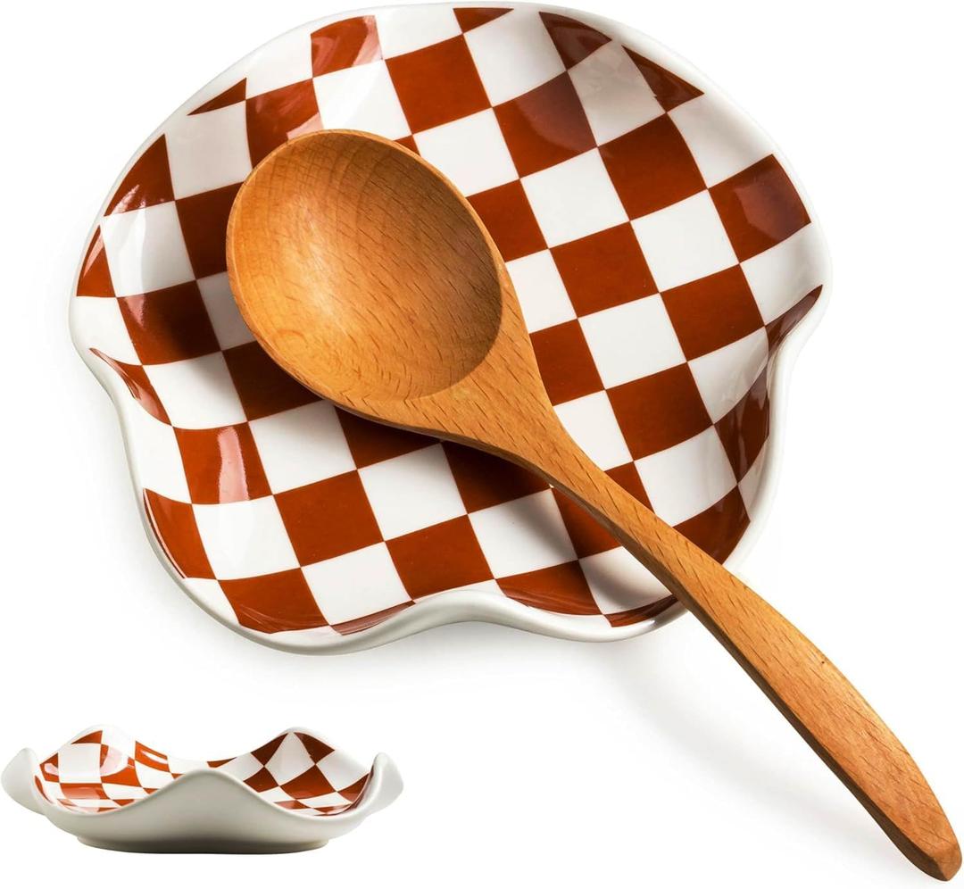 Kitchen Spoon Rest for Stove Top, Checkered Coffee Spoon Rest, Ceramic Spoon Holder for Kitchen Counter Cooking Utensil Rest, Modern Farmhouse DCor (Brown-White)