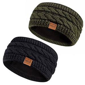 Winter Headbands for Women Wool 2 Pack, Ear Warmers for Women Headband Knit Thick Fleece Lined, Cold Weather Warm Ear Muffs(Black+Army)