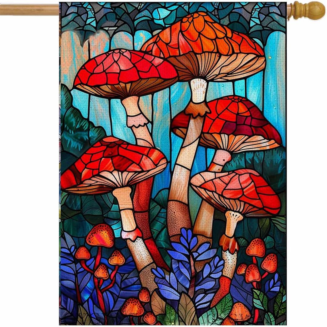 Stained Glass Mushroom Spring House Flag 28x40 Inch Double Sided, Large Burlap Garden Yard Flag for Seasonal Farmhouse Outside Outdoor Decor
